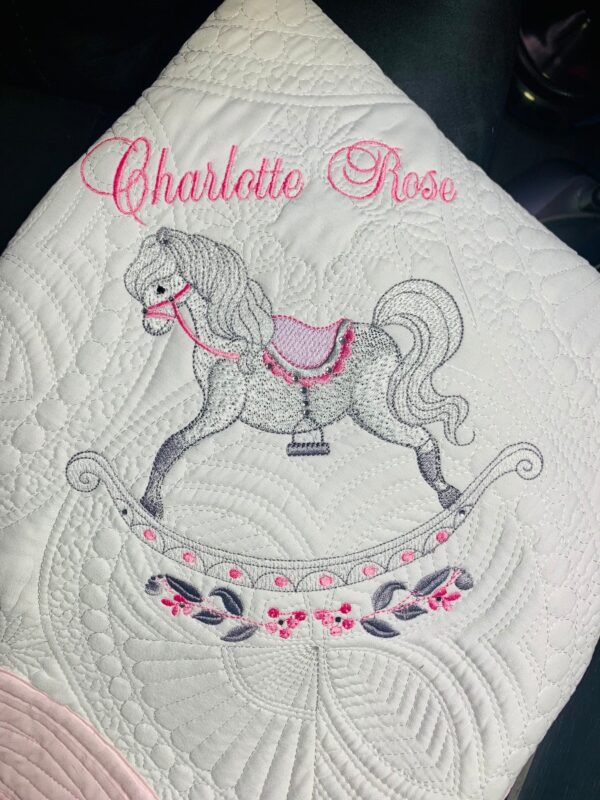 Heirloom baby quilt for girls or boys, makes a treasured gift, Rocking Horse Baby blanket monogrammed or personalized for boys or girls Heirloom baby quilt for girls or boys, makes a treasured gift, Rocking Horse Baby blanket monogrammed or personalized for boys or girls