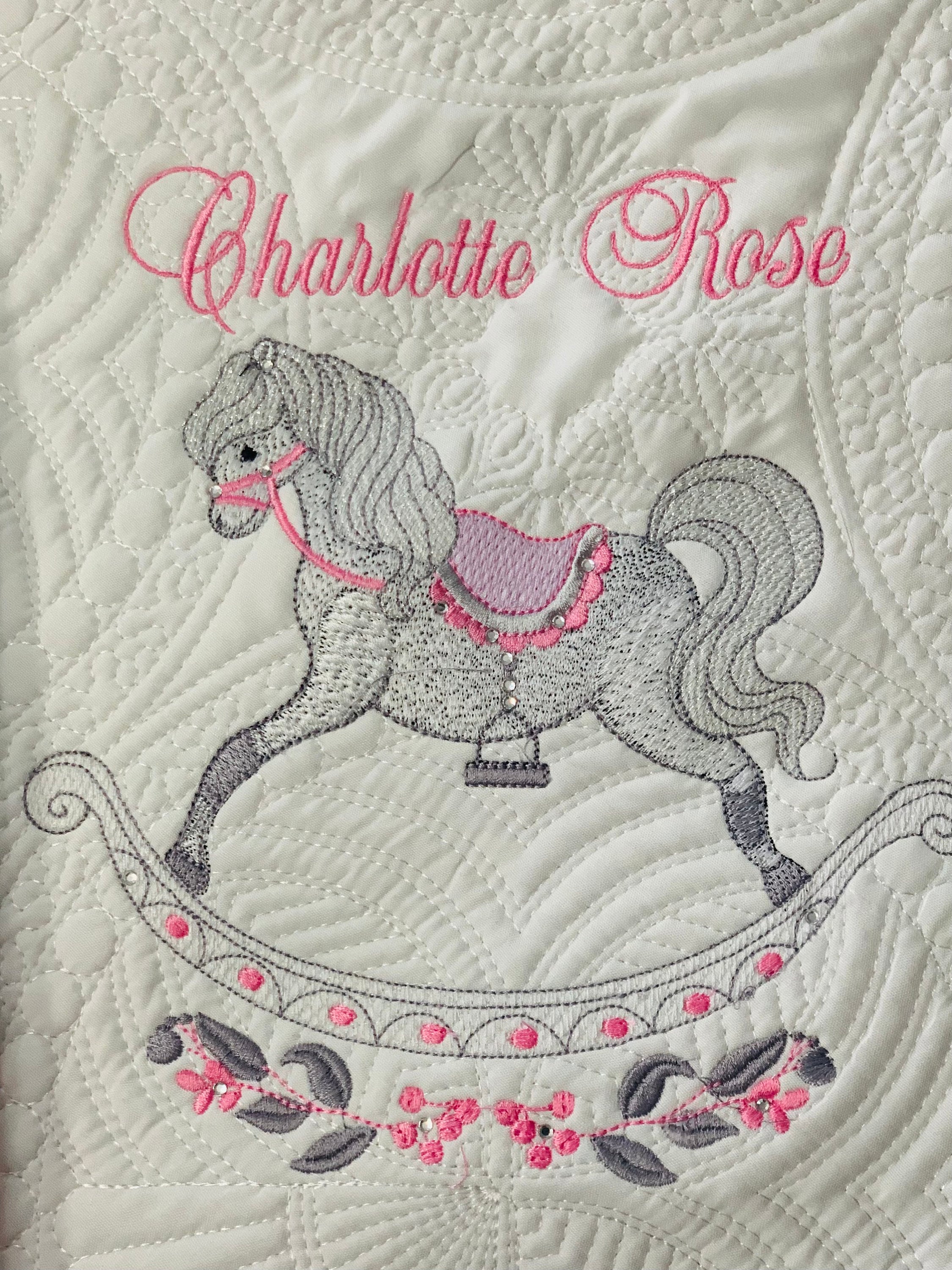 Heirloom baby quilt  for girls or boys, makes a treasured gift, Rocking Horse Baby blanket monogrammed or personalized for boys or girls