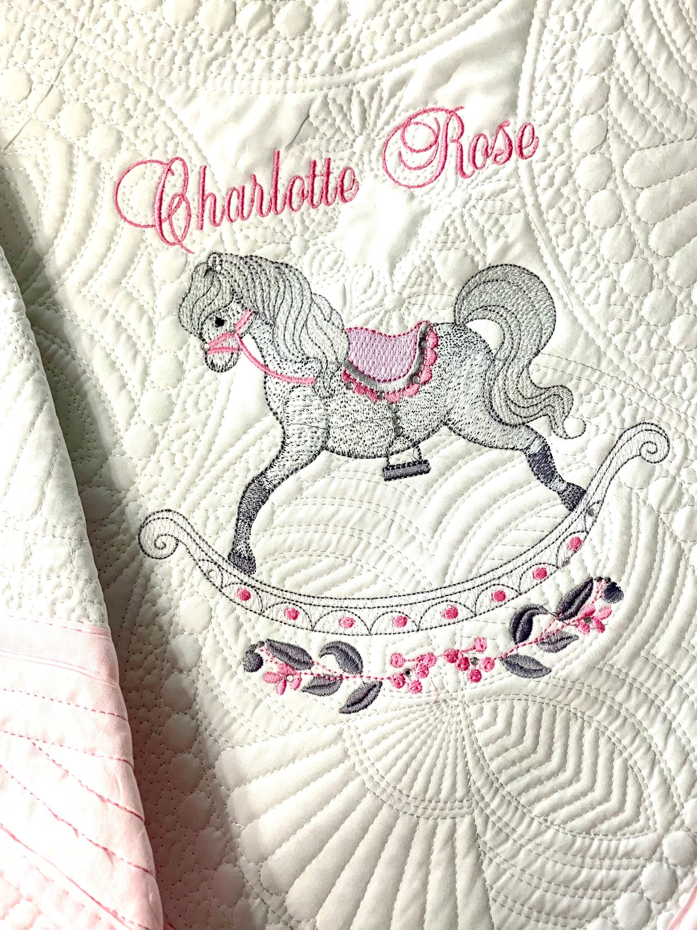 Heirloom baby quilt  for girls or boys, makes a treasured gift, Rocking Horse Baby blanket monogrammed or personalized for boys or girls