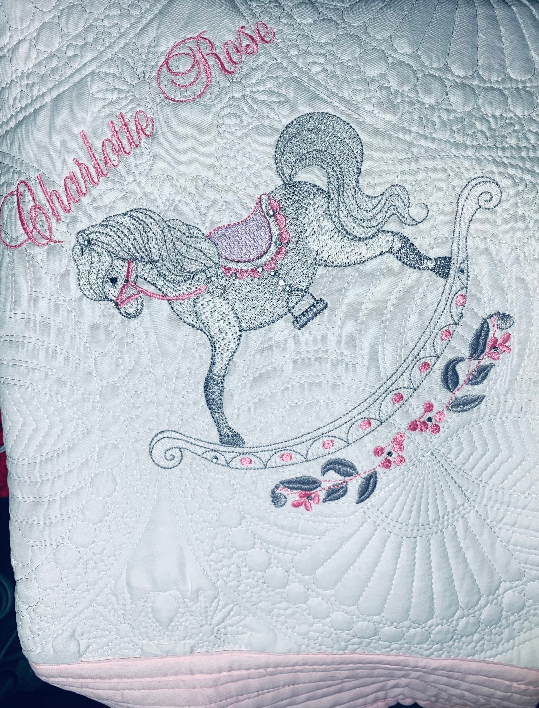 Heirloom baby quilt  for girls or boys, makes a treasured gift, Rocking Horse Baby blanket monogrammed or personalized for boys or girls